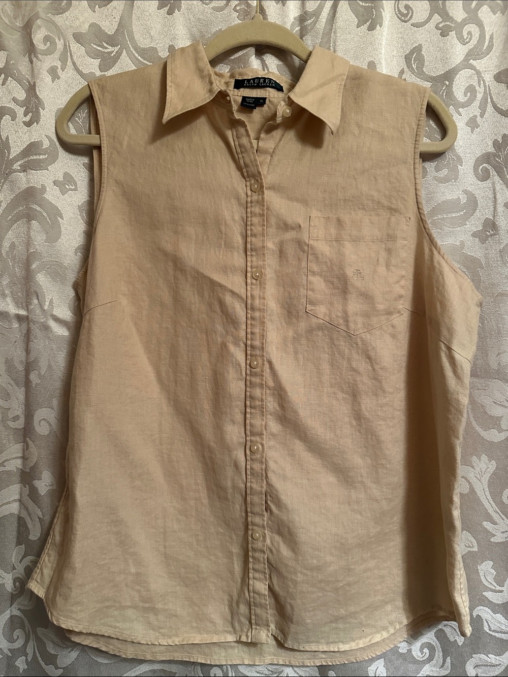 Lauren Ralph Lauren Sleeveless Button-Down Linen Shirt - Beige/Tan